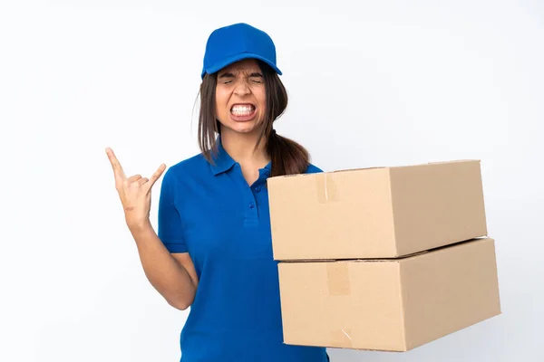 Jovem Entrega Morena Menina Sobre Isolado Branco Fundo Fazendo Rock — Fotografia de Stock