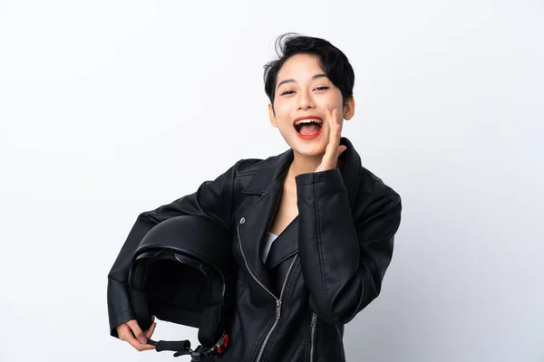 Joven Chica Asiática Con Casco Motocicleta Sobre Fondo Blanco Aislado —  Fotos de Stock