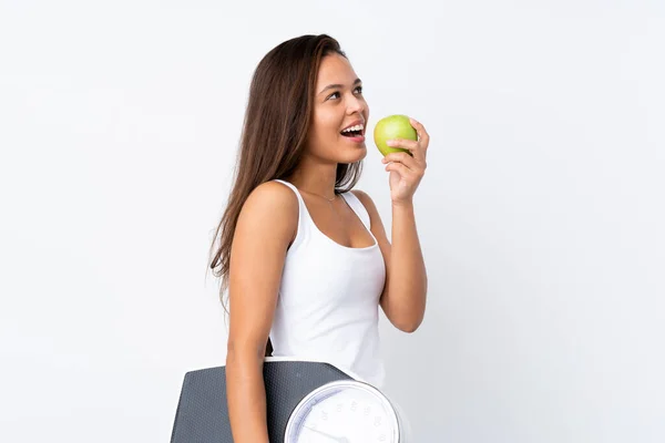 Young Brazilian Girl Holding Scale Isolated Background Weighing Machine Apple — Stock Photo, Image