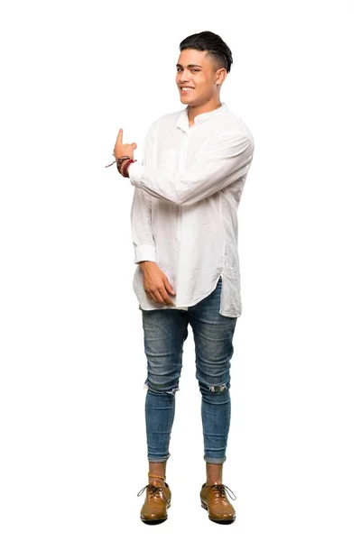 Full Length Shot Young Man Pointing Back Isolated White Background — 스톡 사진