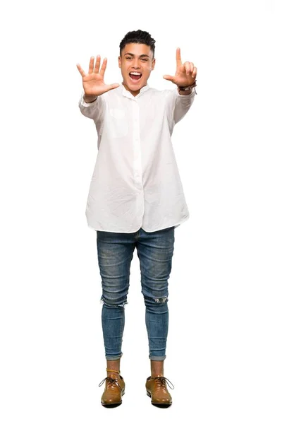 Full Length Shot Young Man Counting Seven Fingers Isolated White — 스톡 사진