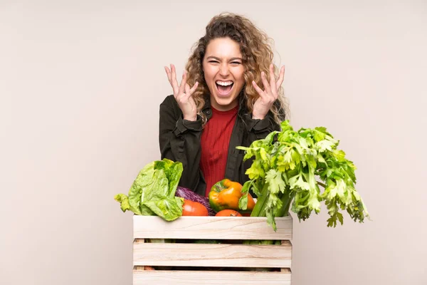 Farmer with freshly picked vegetables in a box isolated on beige background unhappy and frustrated with something