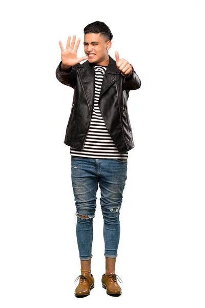 Full Length Shot Young Man Counting Six Fingers Isolated White — Stock Photo, Image