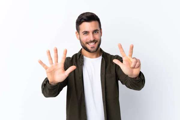 Giovane Bell Uomo Con Barba Sfondo Bianco Isolato Contando Otto — Foto Stock