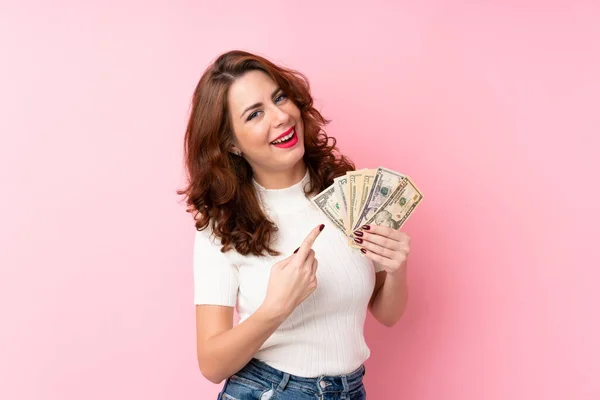 Young Russian Woman Isolated Pink Background Taking Lot Money — ストック写真