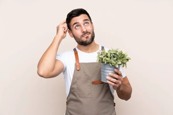 Jardineiro Homem Segurando Uma Planta Sobre Fundo Isolado Com Dúvidas — Fotografia de Stock