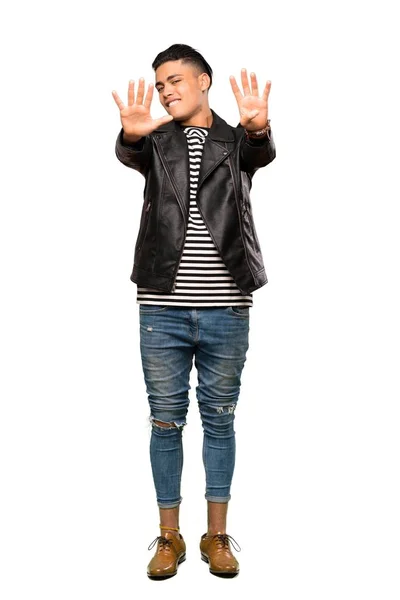 Full Length Shot Young Man Counting Nine Fingers Isolated White — 스톡 사진