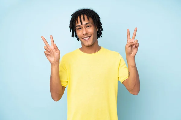 Young African American Man Isolated Blue Background Showing Victory Sign — Stock Photo, Image