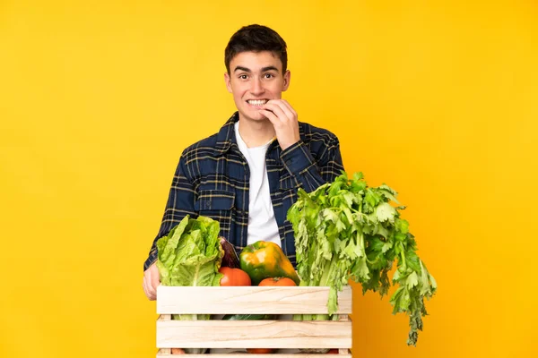 Έφηβος Αγρότης Φρεσκοκομμένα Λαχανικά Κουτί Νευρικός Και Φοβισμένος — Φωτογραφία Αρχείου