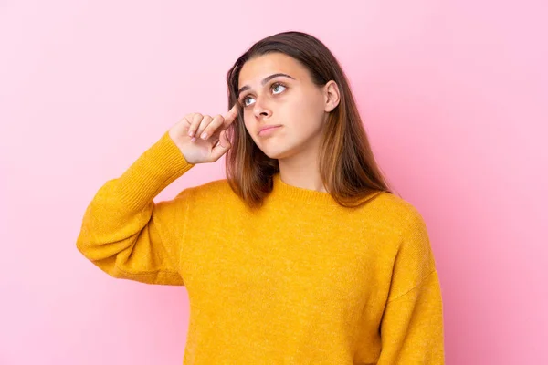 Teenager Girl Yellow Sweater Isolated Pink Background Making Gesture Madness — Stock Photo, Image