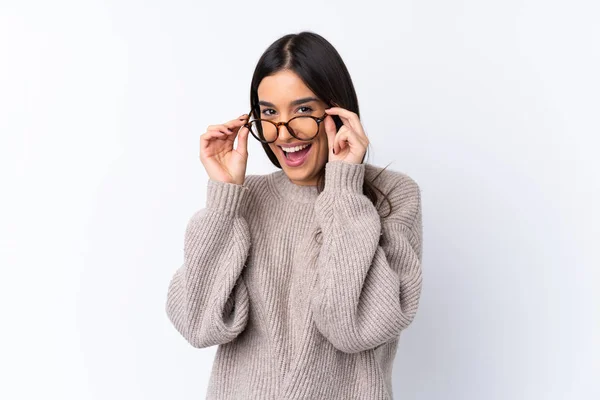 Young Brunette Woman Isolated White Background Glasses Surprised — 스톡 사진