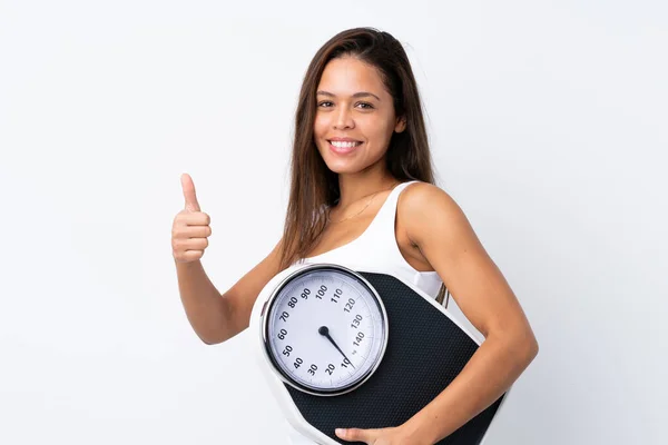 Young Brazilian Girl Holding Scale Isolated Background Holding Weighing Machine — 스톡 사진