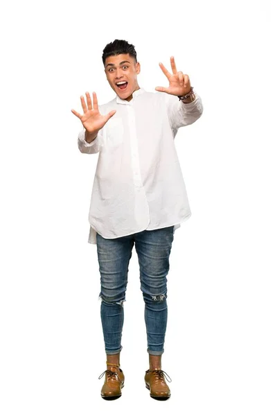 Full Length Shot Young Man Counting Eight Fingers Isolated White — 스톡 사진