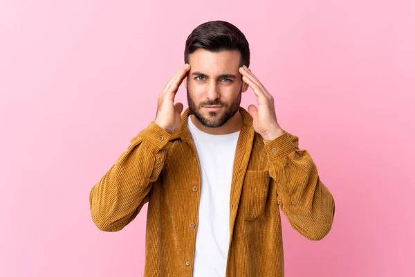 Young Handsome Man Beard Wearing Corduroy Jacket Pink Background Unhappy — 스톡 사진