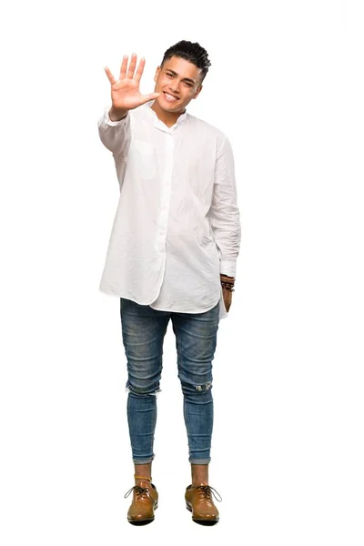 Full Length Shot Young Man Counting Five Fingers Isolated White — Stock Photo, Image