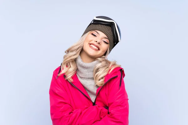 Skier Nastolatek Dziewczyna Okulary Snowboardowe Odizolowanym Niebieskim Tle Śmiech — Zdjęcie stockowe