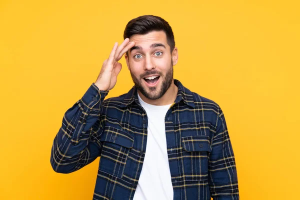 Young Handsome Man Beard Isolated Yellow Background Has Just Realized — 스톡 사진