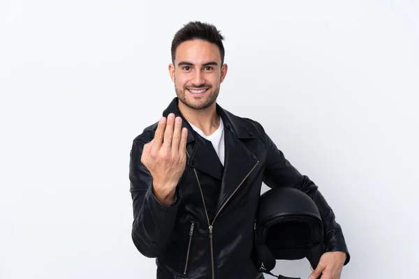 Homem Com Capacete Moto Convidando Para Vir Com Mão Feliz — Fotografia de Stock