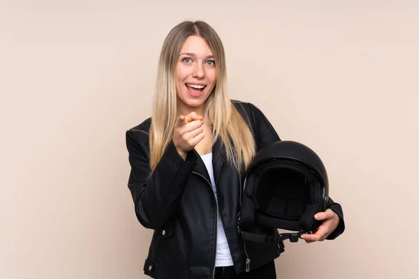 Young Blonde Woman Motorcycle Helmet Isolated Background Points Finger You — ストック写真