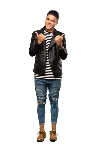 Full Length Shot Young Man Thumbs Gesture Smiling Isolated White — Stock Photo, Image