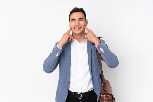 Jovem Empresário Bonito Fundo Isolado Sorrindo Com Uma Expressão Feliz — Fotografia de Stock