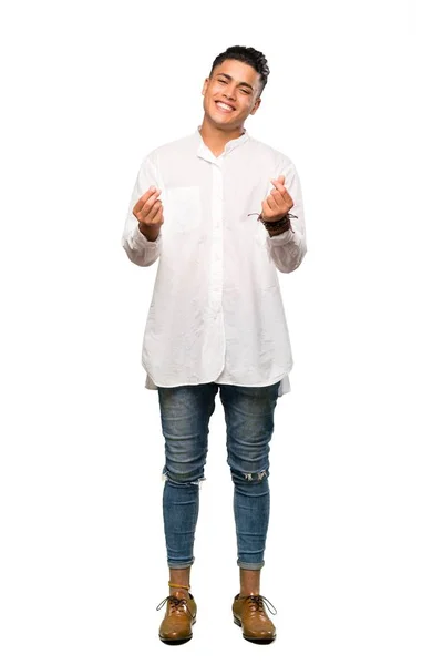 Full Length Shot Young Man Making Money Gesture Isolated White — 스톡 사진