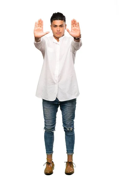 Full Length Shot Young Man Making Stop Gesture Disappointed Isolated — Stock Photo, Image