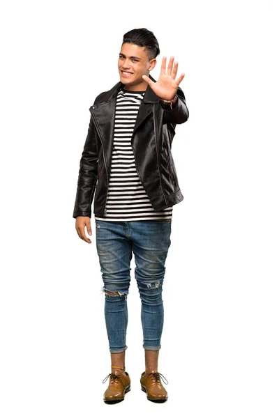 Full Length Shot Young Man Counting Five Fingers Isolated White — Stock Photo, Image