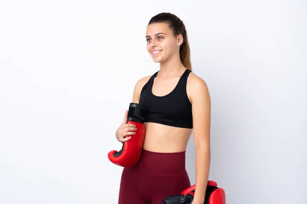 Adolescente Chica Deportiva Sobre Fondo Blanco Aislado Con Guantes Boxeo —  Fotos de Stock