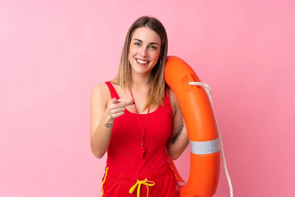 Lifeguard Woman Isolated Background Points Finger You — 스톡 사진