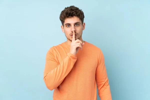 Caucasian Man Isolated Blue Background Showing Sign Silence Gesture Putting — Stock Photo, Image