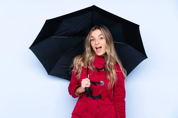 Jeune Femme Avec Manteau Hiver Tenant Parapluie Avec Une Expression — Photo