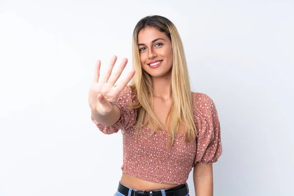 Genç Uruguaylı Kadın Izole Edilmiş Beyaz Arka Planda Mutlu Parmakları — Stok fotoğraf