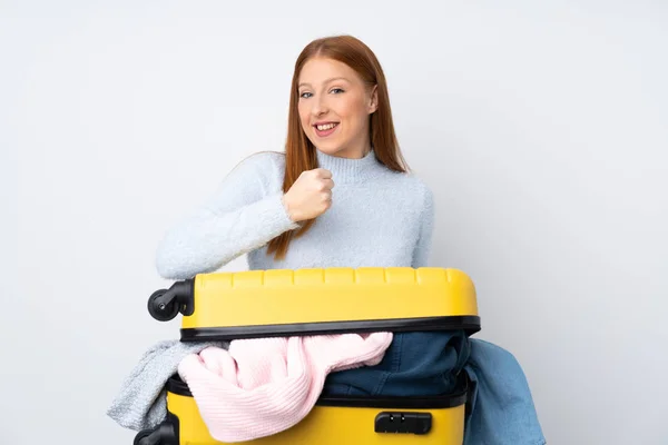 Traveler Woman Suitcase Full Clothes Celebrating Victory — Stock Photo, Image