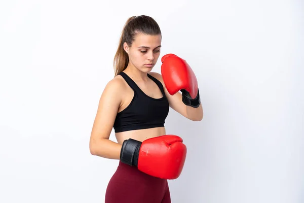 Adolescente Esporte Menina Sobre Isolado Fundo Branco Com Luvas Boxe — Fotografia de Stock