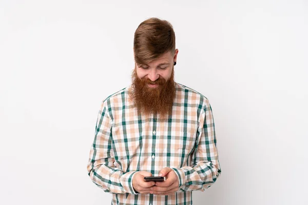 Homem Ruivo Com Barba Longa Sobre Fundo Branco Isolado Enviando — Fotografia de Stock