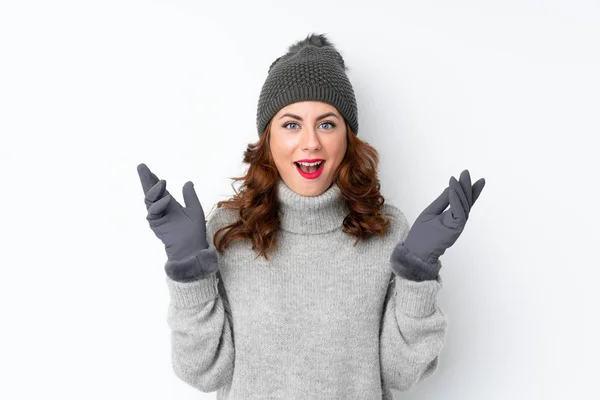 Giovane Donna Russa Con Cappello Invernale Sfondo Bianco Isolato Con — Foto Stock