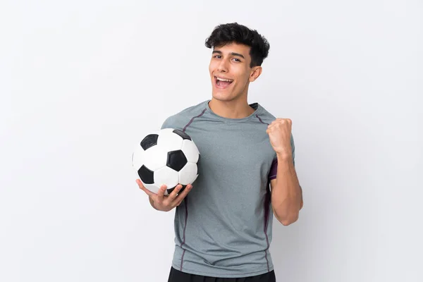 Hombre Futbolista Argentino Sobre Fondo Blanco Aislado Celebrando Una Victoria —  Fotos de Stock