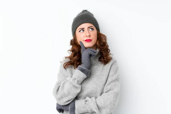 Young Russian Woman Winter Hat Isolated White Background Thinking Idea — ストック写真