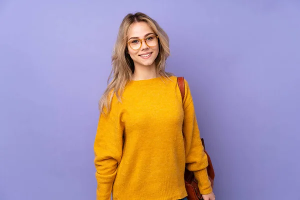 Teenager Russian Student Girl Isolated Purple Background Glasses Happy — Stock Photo, Image