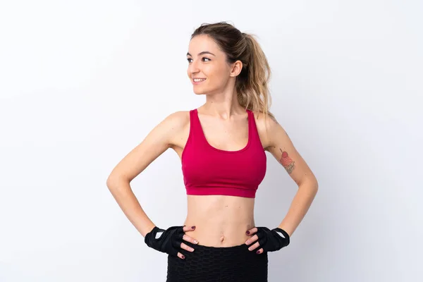 Young Sport Woman Isolated White Background Posing Arms Hip Looking — Stock Photo, Image