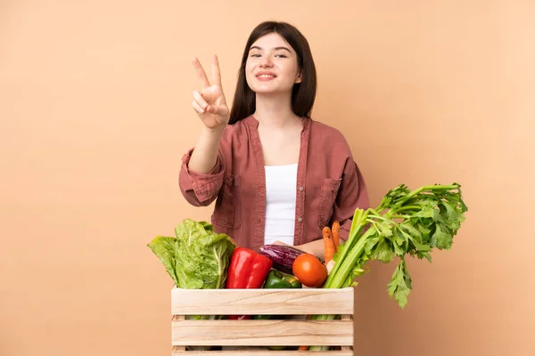 Νεαρή Αγρότισσα Φρέσκα Λαχανικά Ένα Κουτί Χαμογελώντας Και Δείχνοντας Σύμβολο — Φωτογραφία Αρχείου