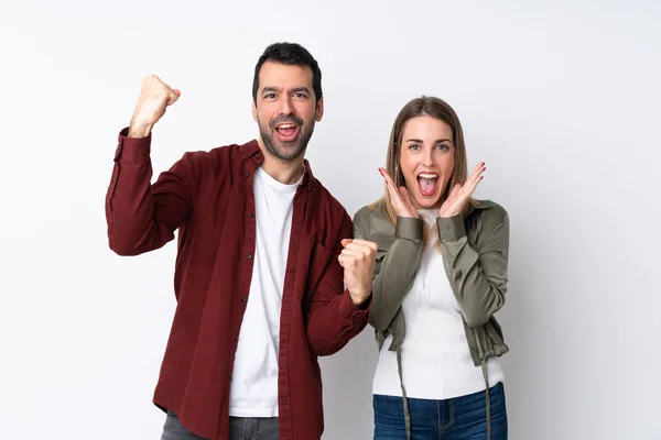 Coppia San Valentino Sfondo Isolato Che Celebra Una Vittoria — Foto Stock