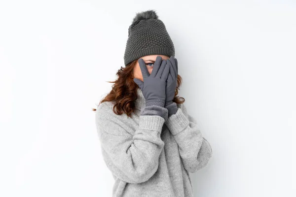 Mujer Rusa Joven Con Sombrero Invierno Sobre Fondo Blanco Aislado —  Fotos de Stock