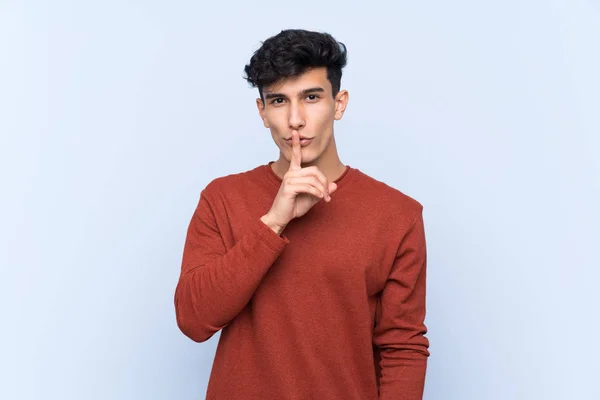 Young Argentinian Man Isolated Blue Background Showing Sign Silence Gesture — 스톡 사진