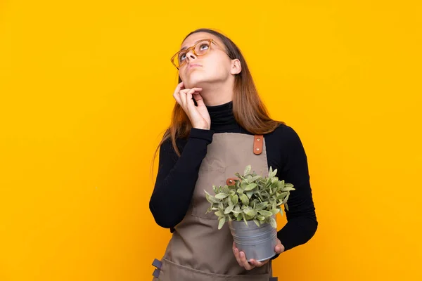 Giovane Ragazza Giardiniere Possesso Una Pianta Sfondo Giallo Isolato Pensando — Foto Stock