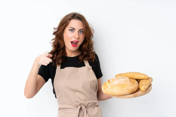 Woman Chef Uniform Female Baker Holding Table Several Breads Surprised — 스톡 사진