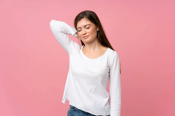 Young Woman Isolated Pink Background Neckache — Stock Photo, Image