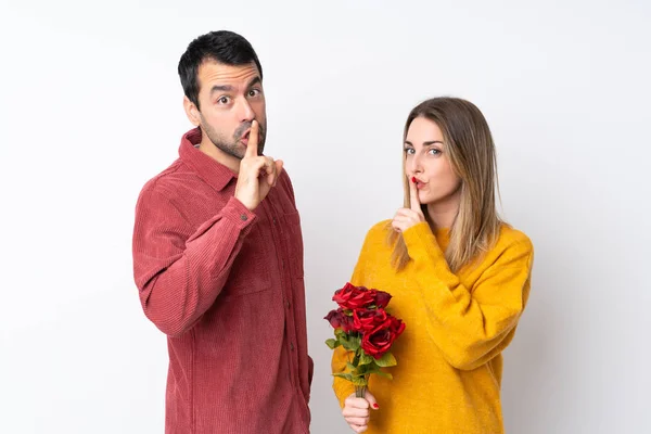 Couple Valentine Day Holding Flowers Isolated Background Showing Sign Closing — Stock Photo, Image