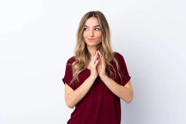 Mujer Joven Sobre Fondo Blanco Aislado Maquinando Algo —  Fotos de Stock